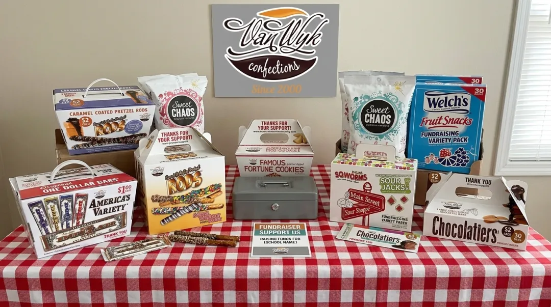 Van Wyk Confections chocolate bars pretzel rods and popcorn fundraising products