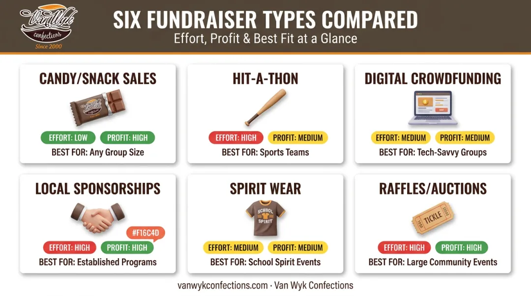 Comparison chart of six Little League fundraising ideas by effort and profit