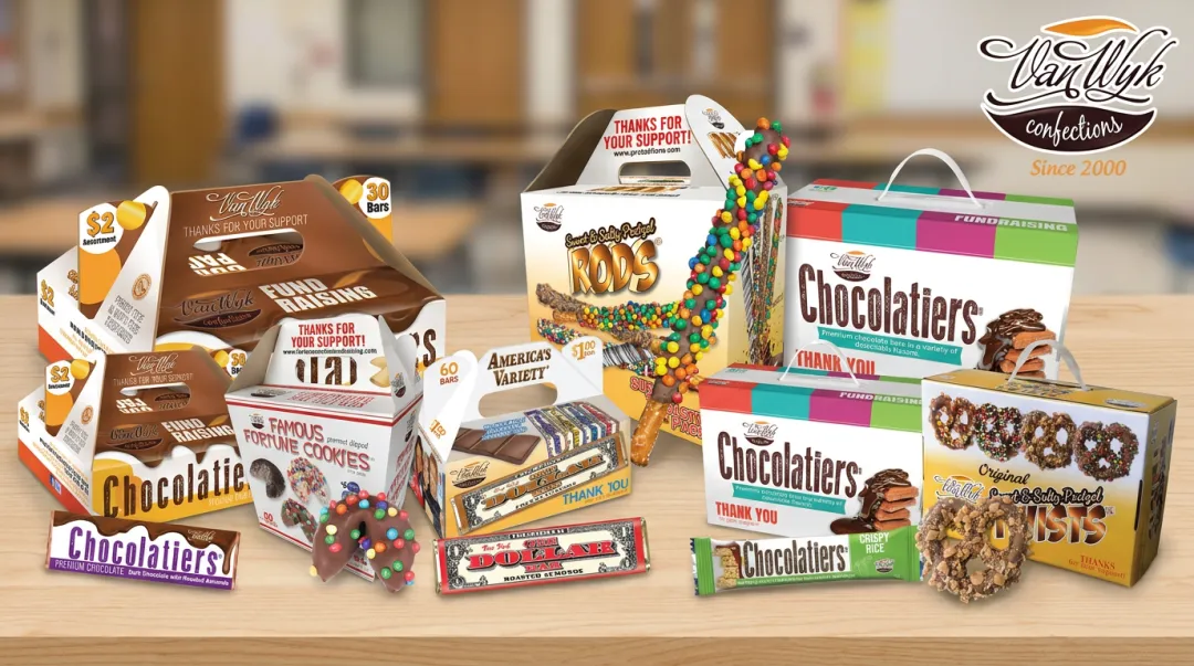 Assortment of Van Wyk fundraising products including chocolate bars and popcorn