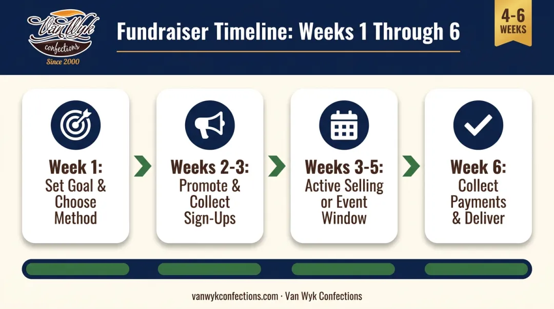 4-step sports team fundraiser timeline from goal setting to delivery