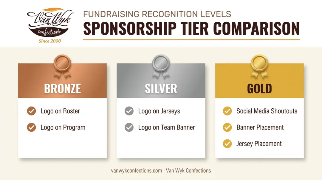 Bronze silver gold sponsorship tier comparison chart for team fundraising