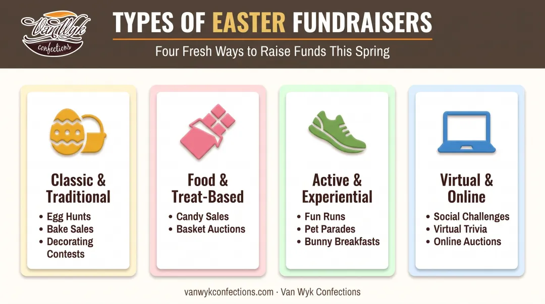Four types of Easter fundraising ideas classic food active virtual comparison