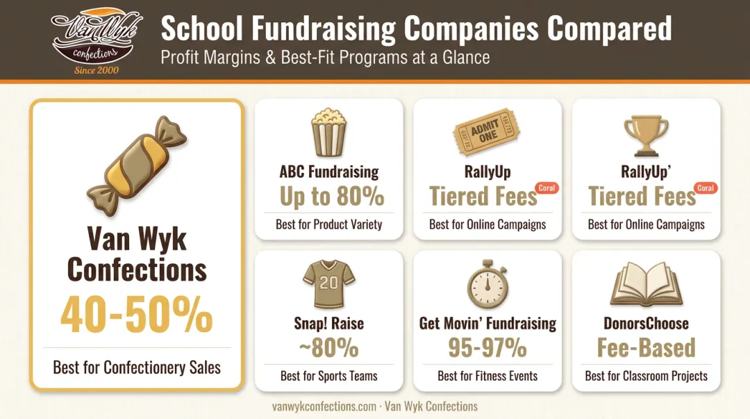 Comparison chart of six school fundraising companies profit margins and features