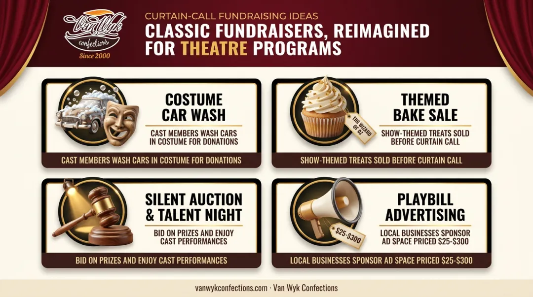Four classic school fundraiser ideas reimagined with theatrical flair infographic