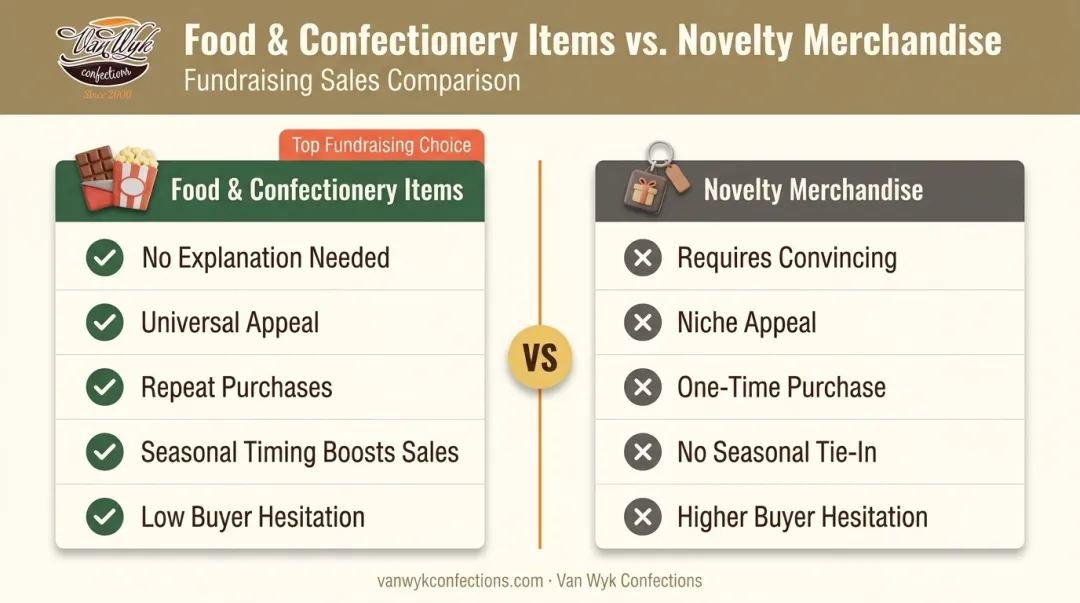 Confectionery and snack fundraisers versus novelty merchandise buyer appeal comparison