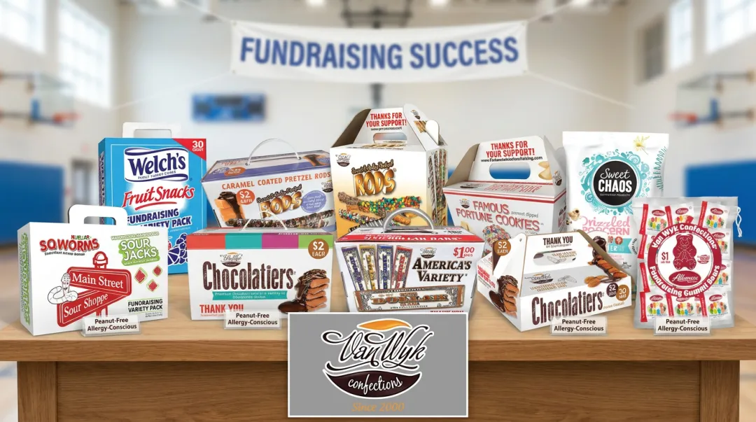 Van Wyk Confections product lineup including chocolate bars pretzels and fortune cookies