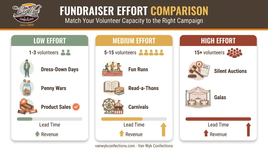 Low medium and high effort school fundraiser comparison by volunteers and revenue