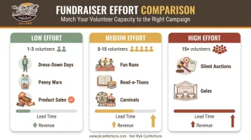 Low medium and high effort school fundraiser comparison by volunteers and revenue