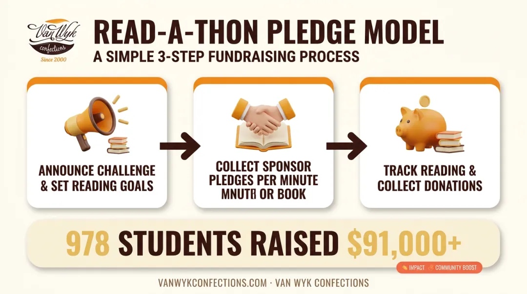 Library read-a-thon pledge fundraising process and results infographic