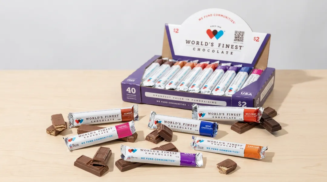 Assorted individually wrapped chocolate candy bars for fundraiser sale display