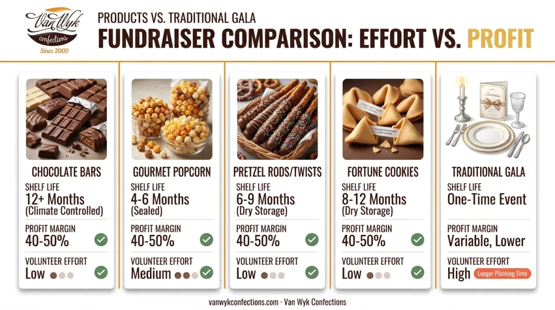 Comparison chart of chocolate popcorn and pretzel fundraiser profit margins