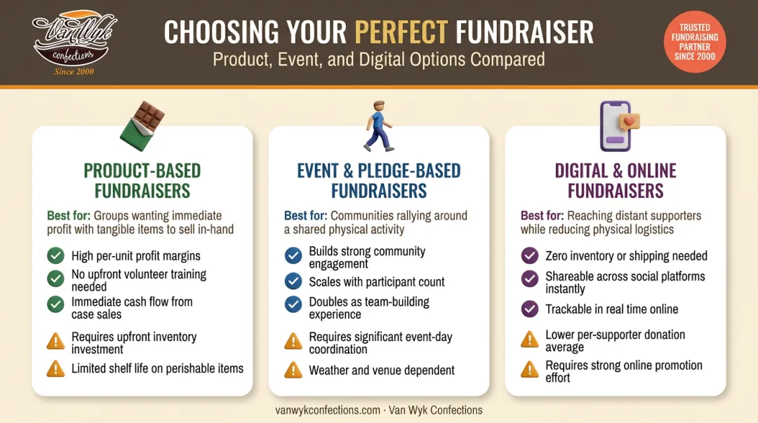 Product-based versus event-based versus digital PTA fundraiser comparison chart