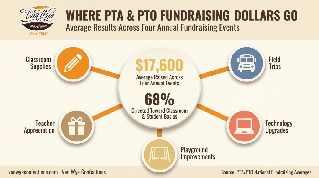 PTA PTO fundraising statistics infographic showing average funds raised and uses