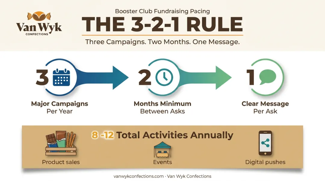3-2-1 rule timeline for booster club fundraising campaign pacing