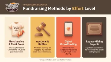 Four reunion fundraising methods compared by effort level and revenue type