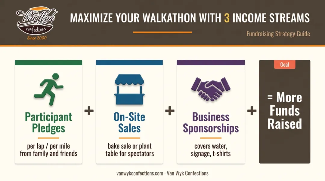 Youth walkathon fundraiser revenue sources combining pledges bake sale and sponsorships