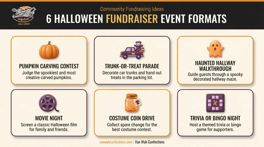 Six Halloween fundraiser event ideas with icons and quick descriptions