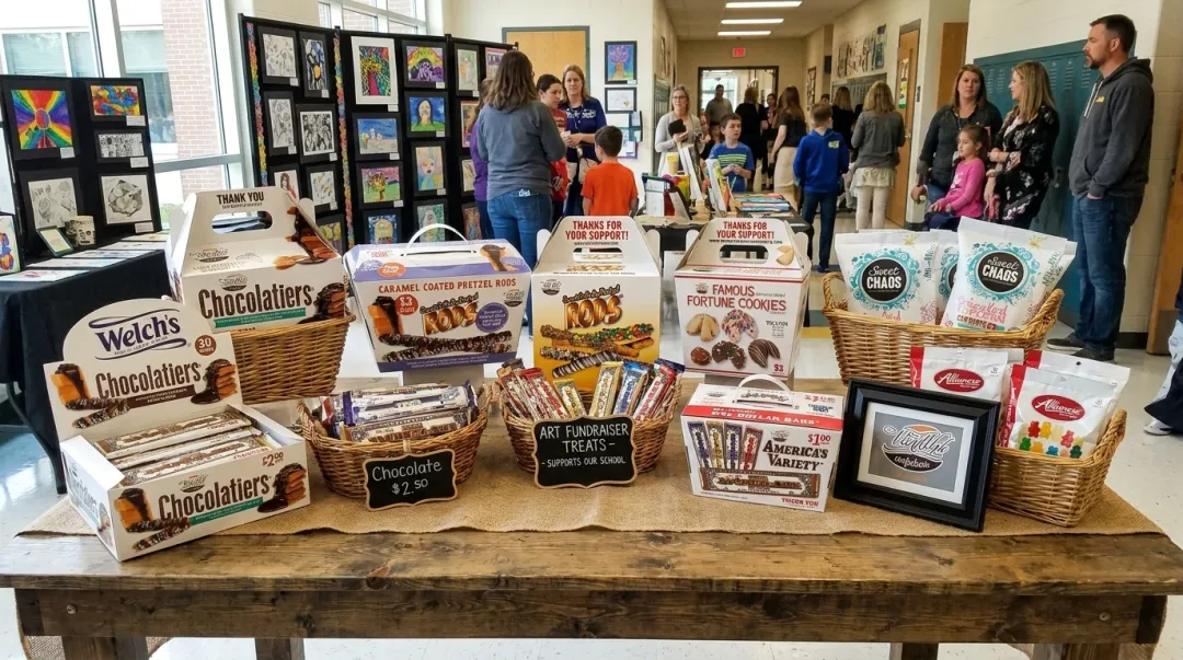 Van Wyk Confections treat table display with chocolate bars and pretzel rods