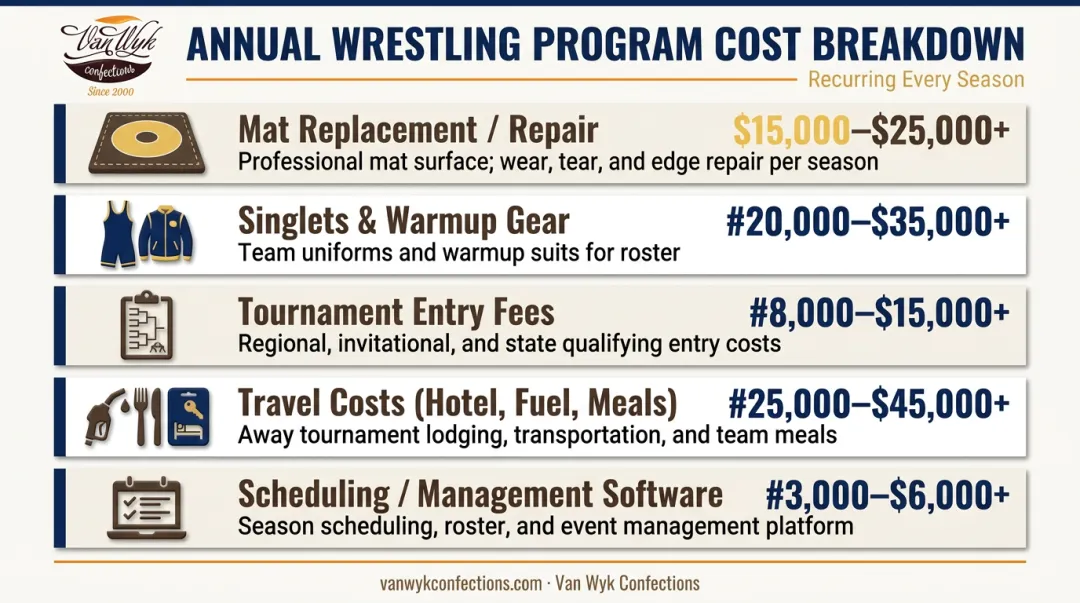 High school wrestling program annual cost breakdown infographic with key expense categories