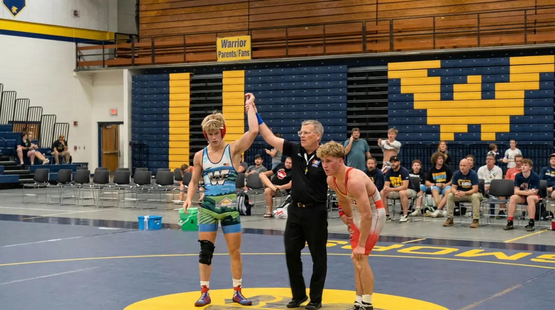Youth wrestlers competing on mat during fundraising wrestle-a-thon pledge event