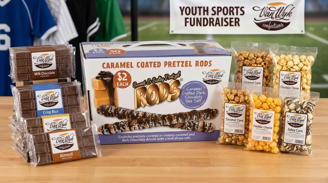 Assortment of chocolate popcorn and pretzel fundraiser products ready for team sale