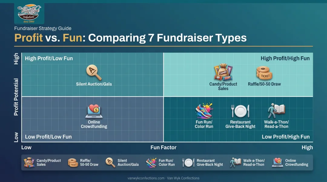 Profit versus fun comparison matrix for seven fundraiser ideas