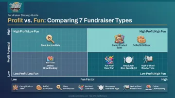 Profit versus fun comparison matrix for seven fundraiser ideas