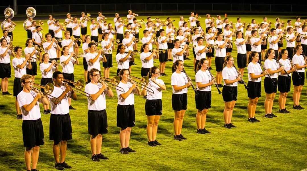 High school marching band rehearsing on football field during practice session