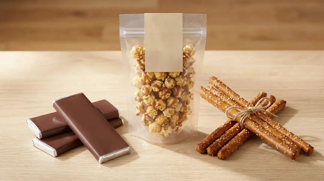 Assorted chocolate bars popcorn and pretzel fundraiser products displayed together