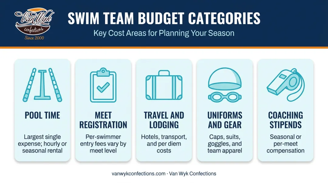 Swim team budget breakdown showing five major expense categories infographic