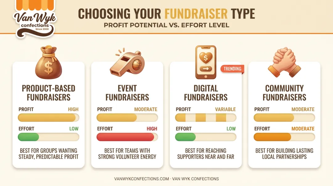 Four volleyball fundraiser types profit potential and effort level comparison