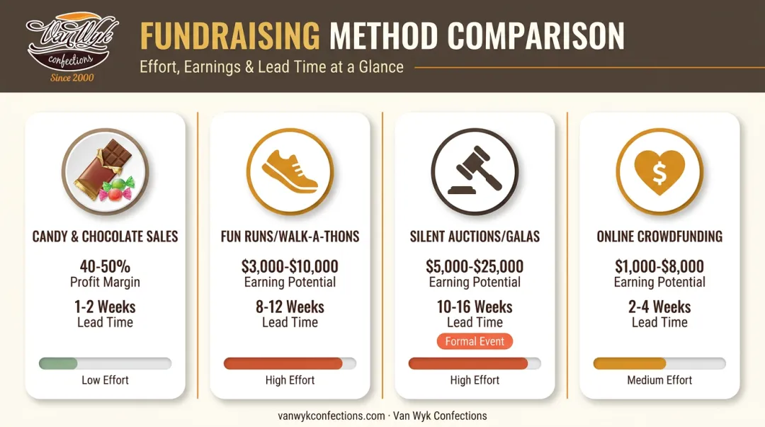 Comparison of four high school fundraiser types by profit margin and effort