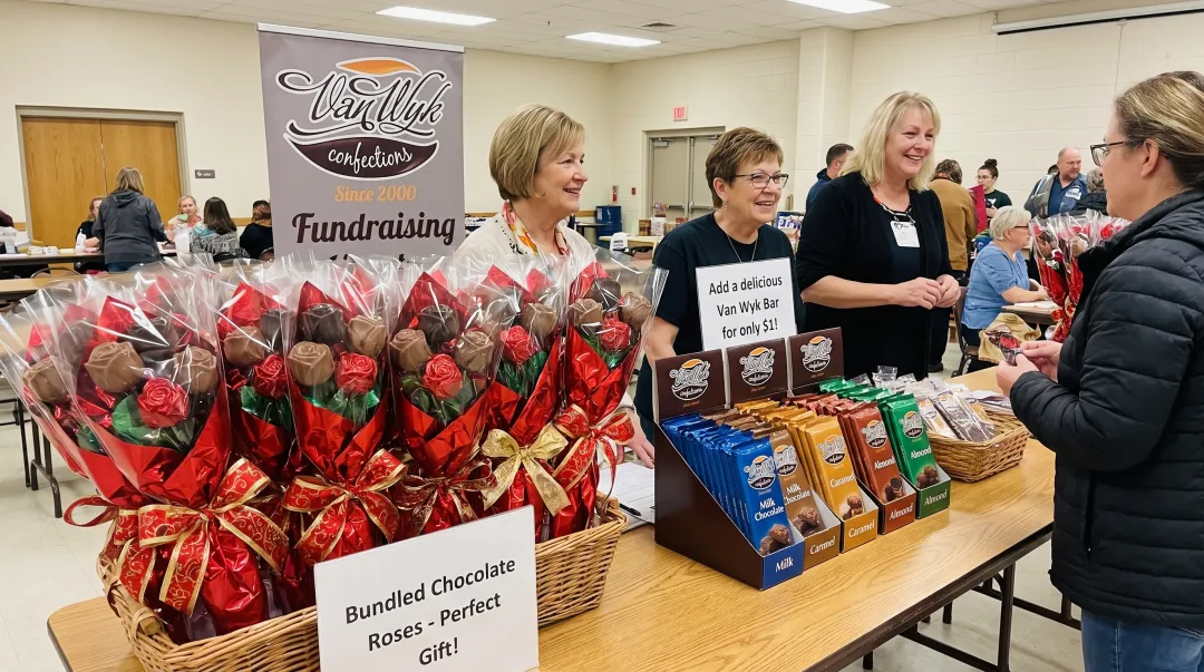 Bundled chocolate roses and chocolate bars display for fundraiser sales table