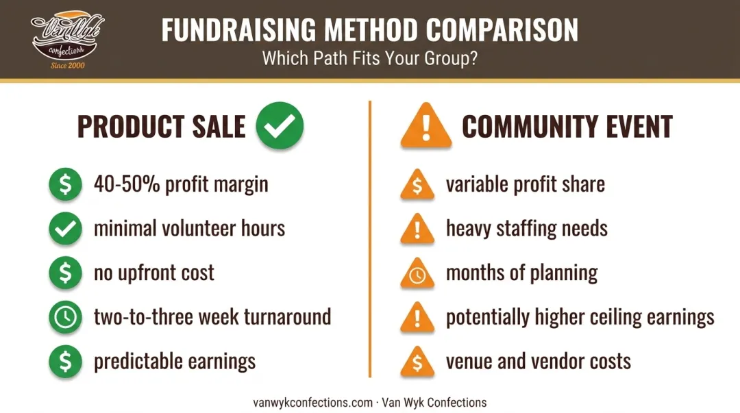 Product-based fundraiser versus community event side-by-side comparison chart