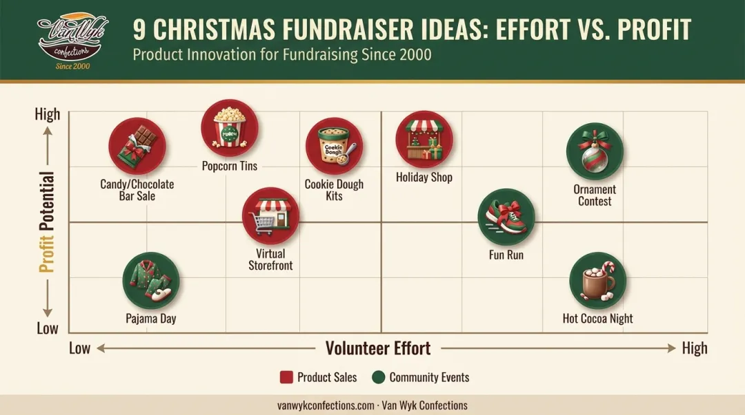 Nine Christmas fundraiser ideas compared by effort and profit potential