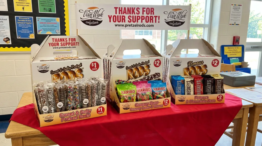 Van Wyk Confections chocolate bars and candy fundraising products displayed for sale