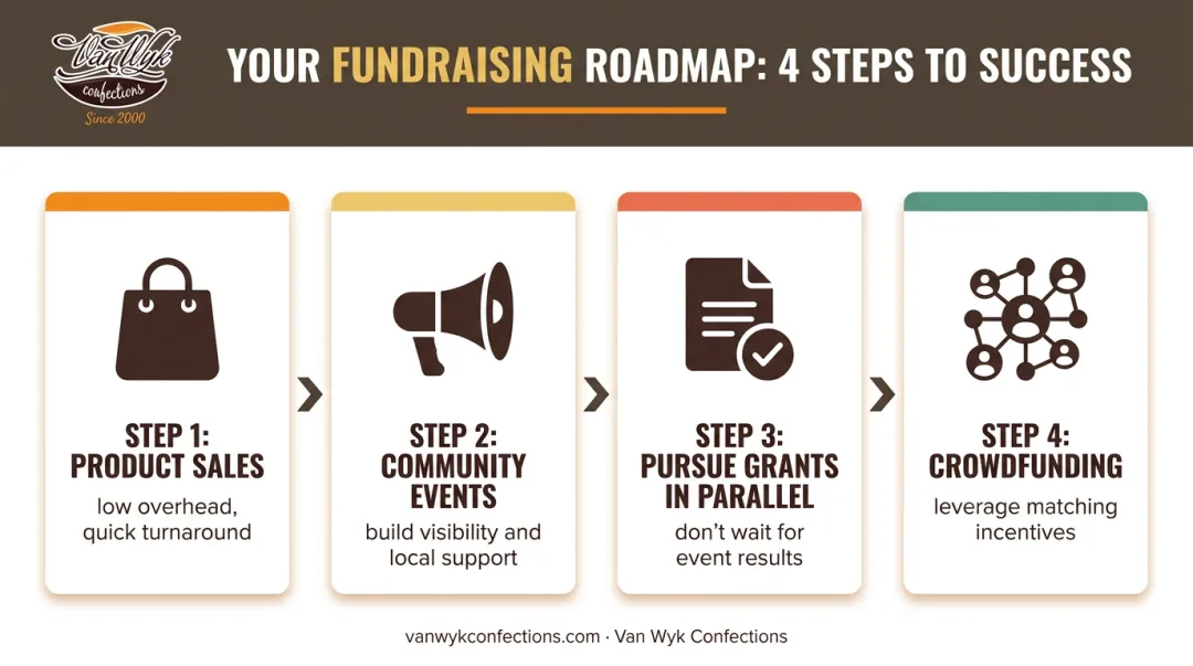4-step playground fundraising strategy sequence from product sales to crowdfunding gap close