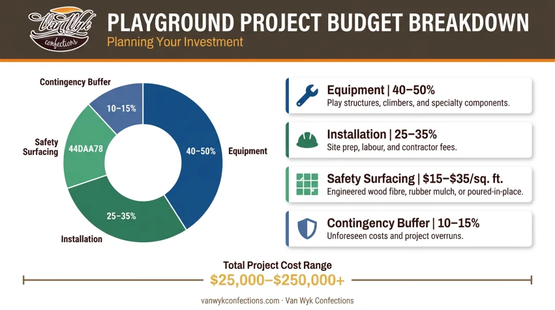 Playground project budget breakdown showing equipment installation and surfacing cost percentages