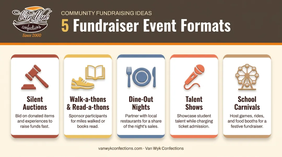 Five event-based PTO fundraiser ideas comparison infographic