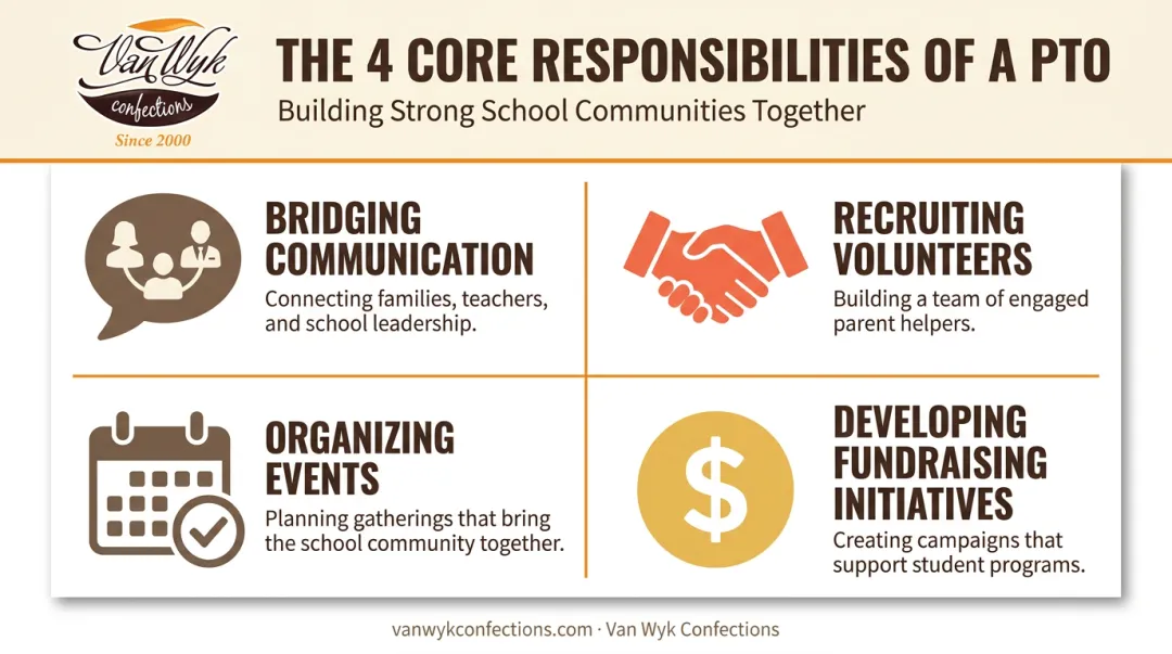 Four core responsibilities of a Parent Teacher Organization infographic
