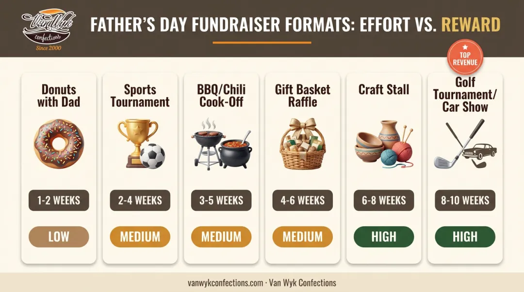 Comparison of six Father's Day fundraiser formats by effort and lead time