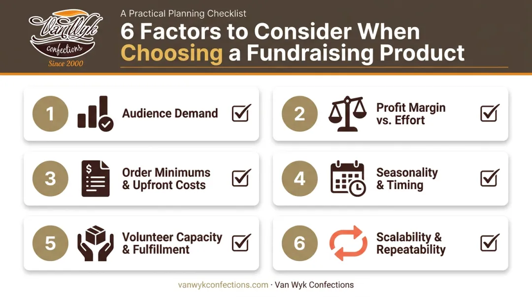 Six-factor decision checklist for choosing the right fundraising item