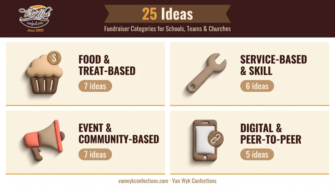 Four categories of 25 church youth fundraiser ideas breakdown
