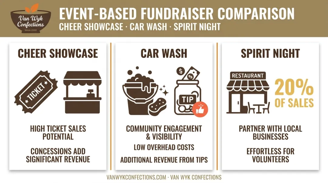 Comparison of cheer showcase car wash and spirit night fundraiser events