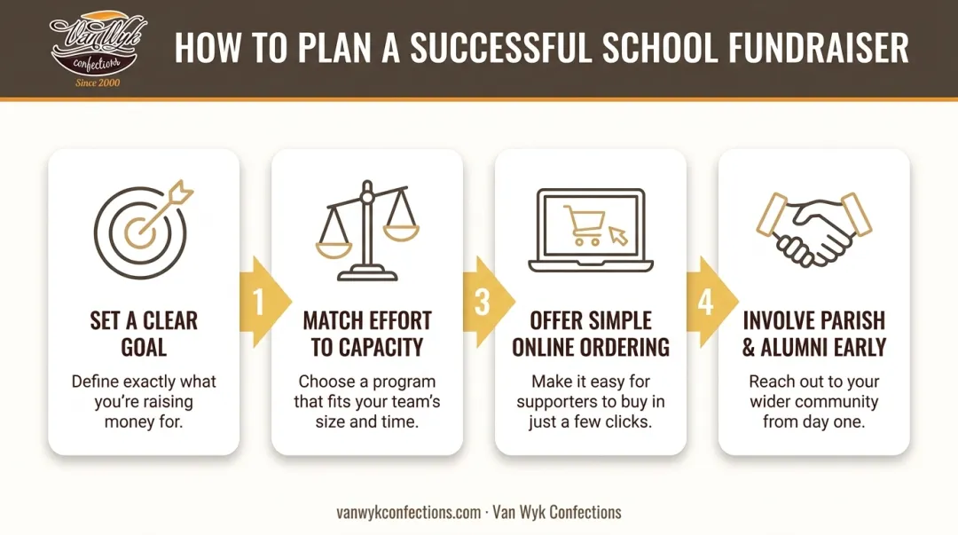 Four-step Catholic school fundraiser planning process from goal setting to outreach