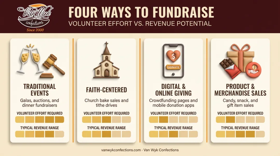 Four types of Catholic school fundraisers comparing effort level and revenue potential