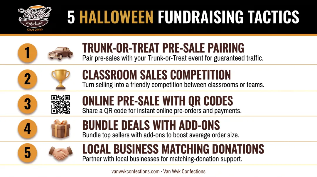 Five creative Halloween candy fundraiser sales tactics infographic list