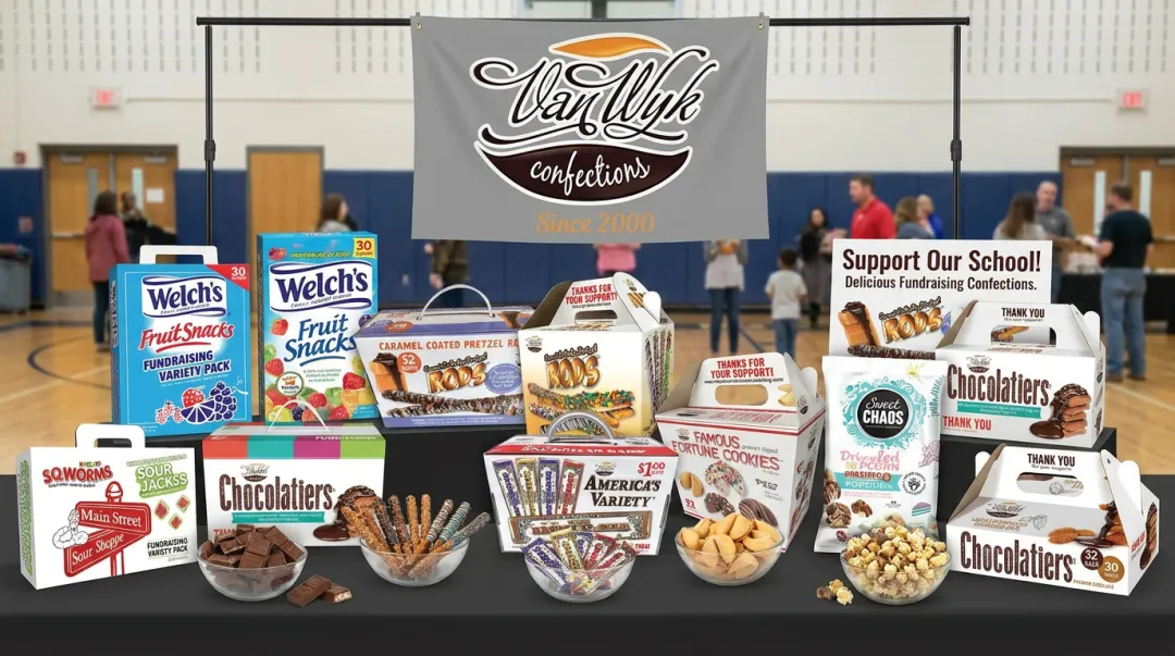 Van Wyk Confections fundraising product lineup including chocolate bars popcorn and pretzel rods