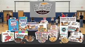 Van Wyk Confections fundraising product lineup including chocolate bars popcorn and pretzel rods
