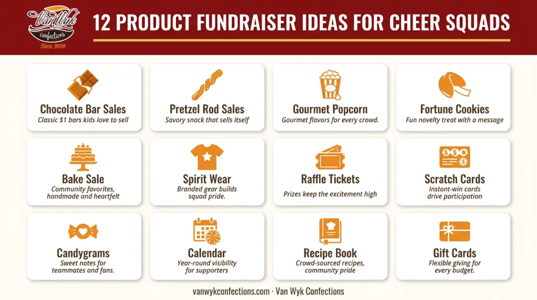 12 cheerleading product fundraiser ideas organized by category and effort level